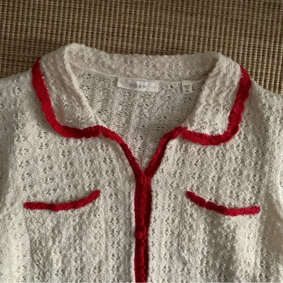 Doen Gloriana Alpaca Silk Collar Crochet Knit Button Sweater Top Moonstone Red - Picture 10 of 14